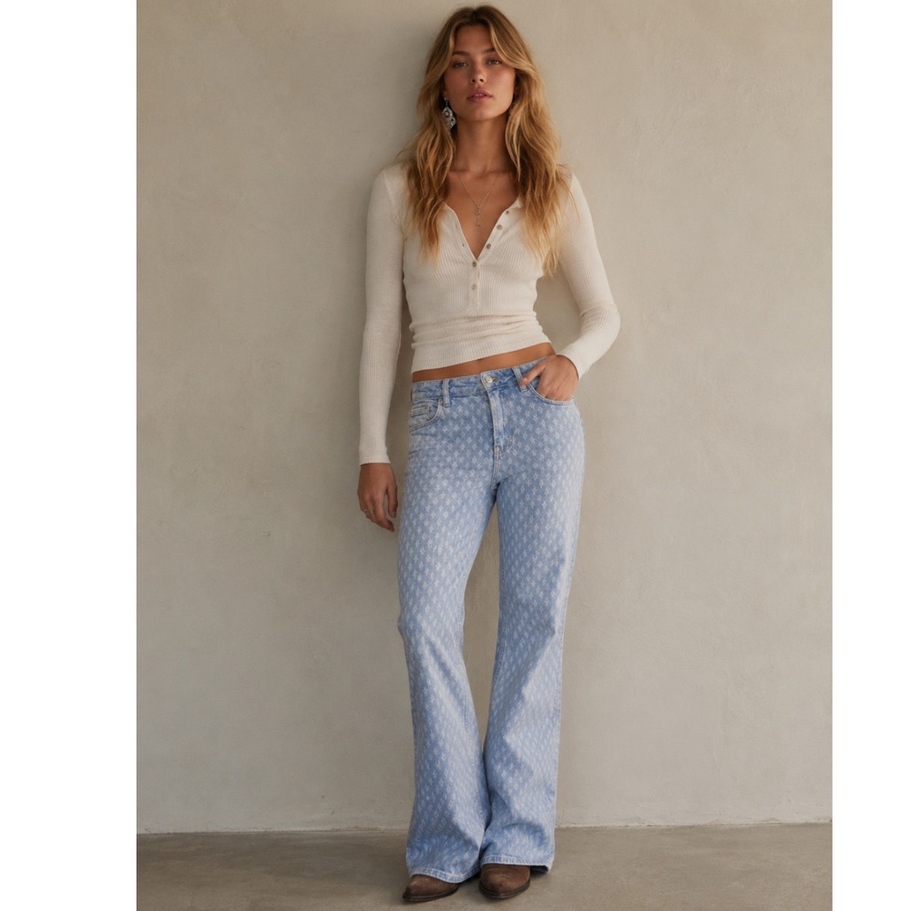 Light‎ Wash Geometric Pattern Flare Leg Blue Denim Jeans European Abstract